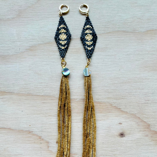 Moon Earrings with Smoked Hide and Abalone Shell