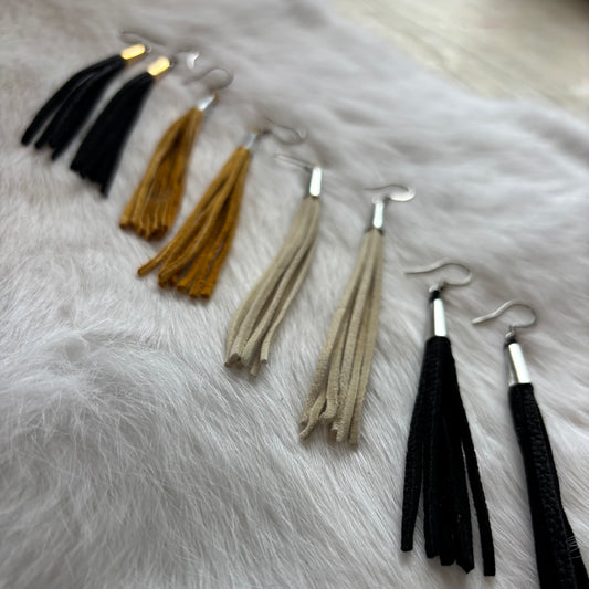 Deerskin Leather Thin Fringe Earrings with Cones