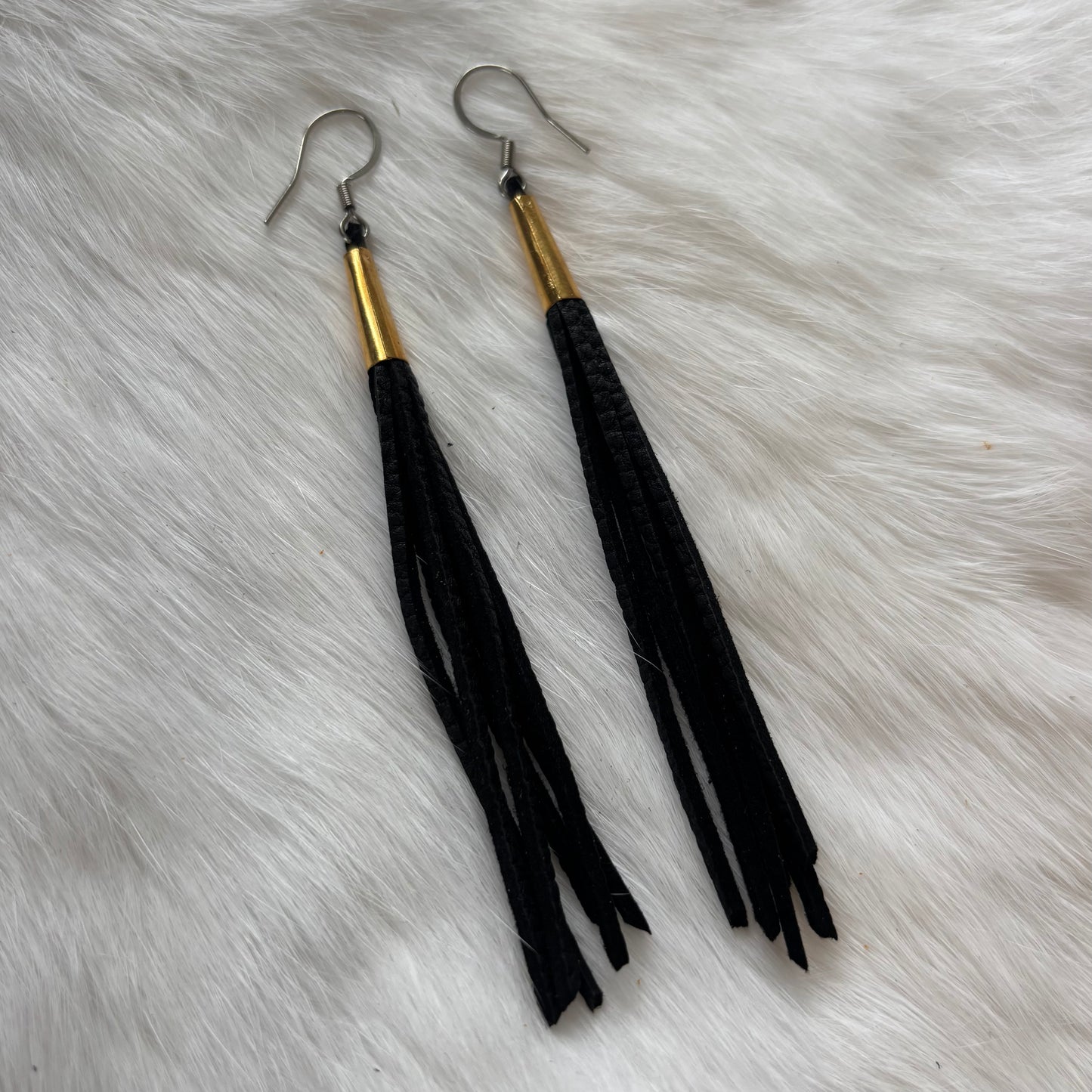 Deerskin Leather Thin Fringe Earrings with Cones