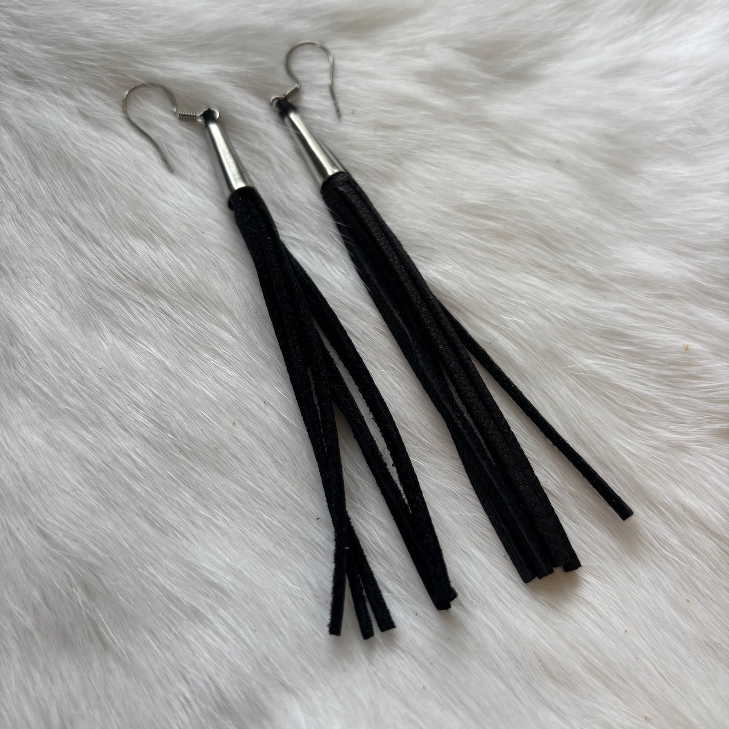 Deerskin Leather Thin Fringe Earrings with Cones