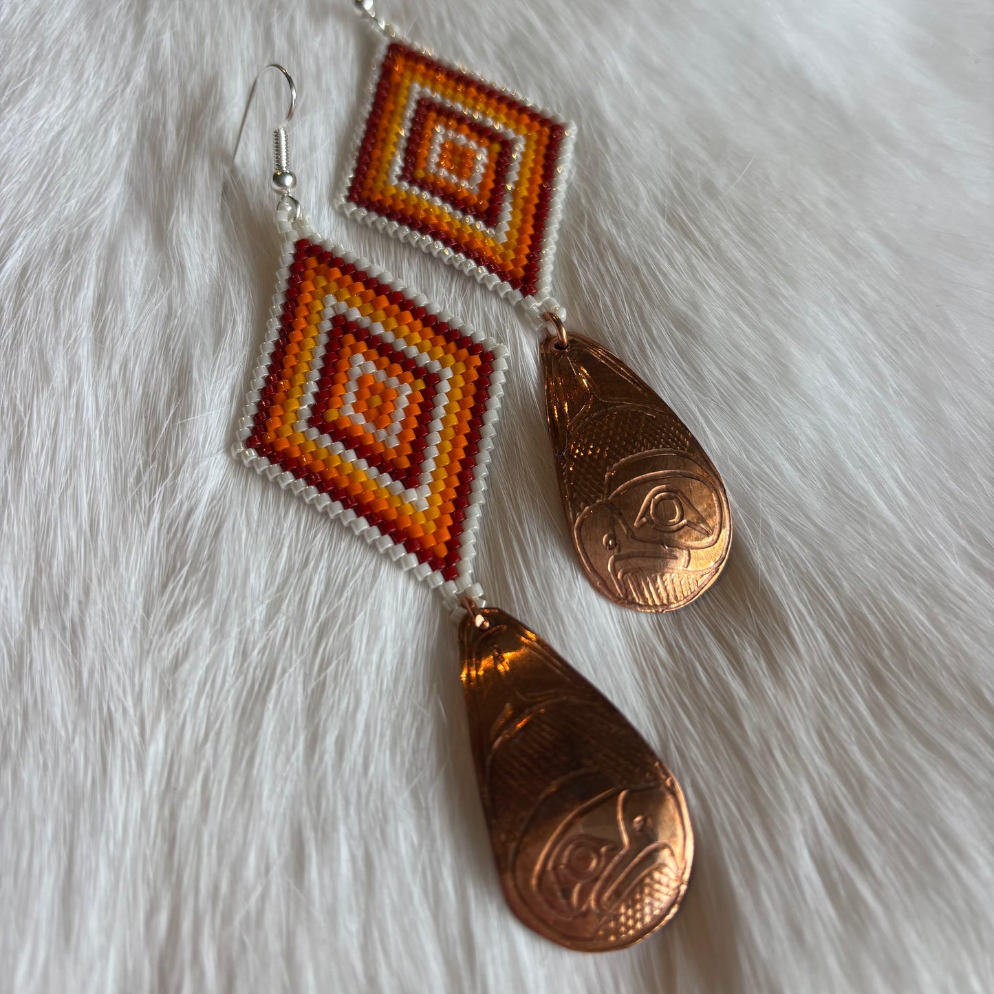 Orange Copper Eagle Beaded Earrings