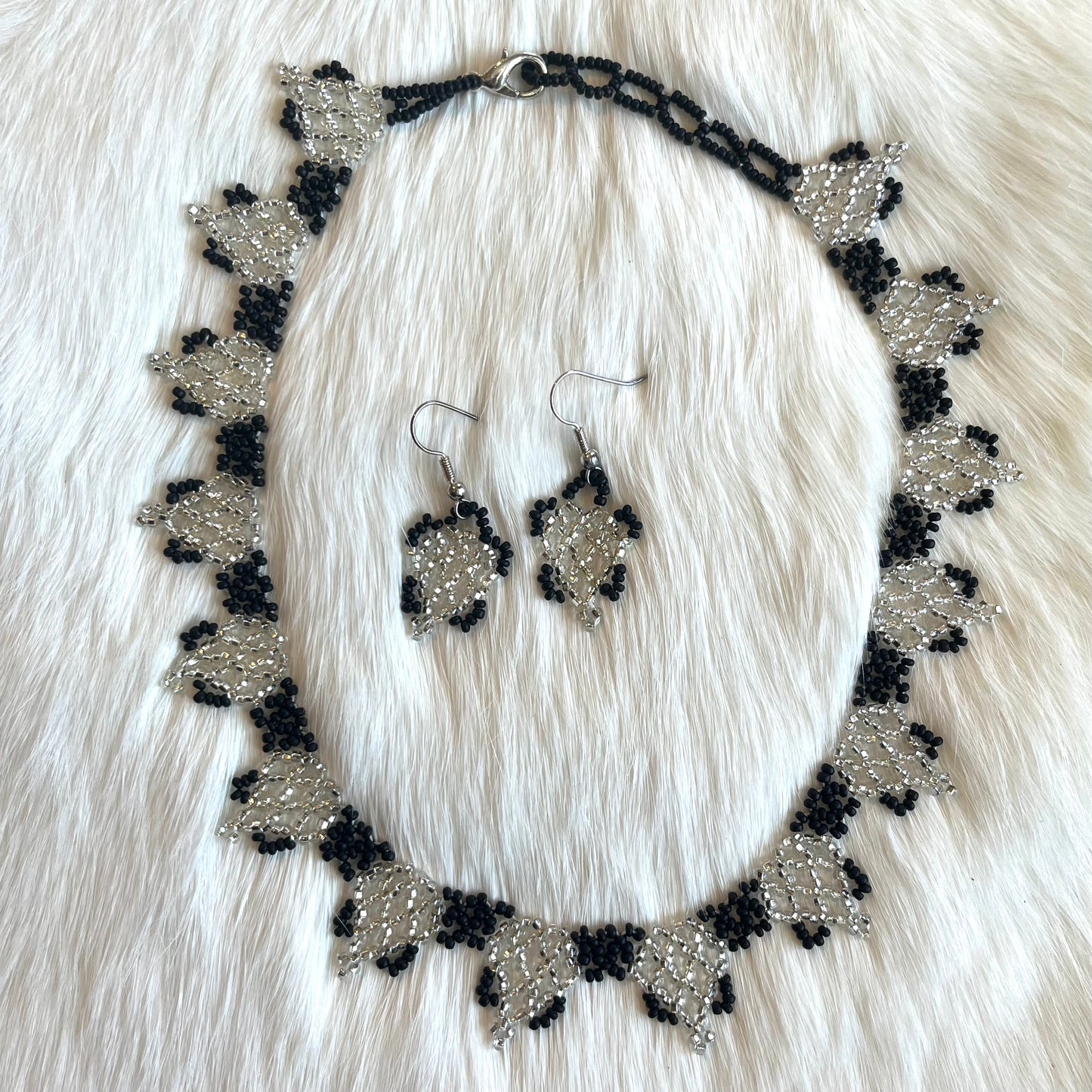 Silver and Black Necklace and Earring Set
