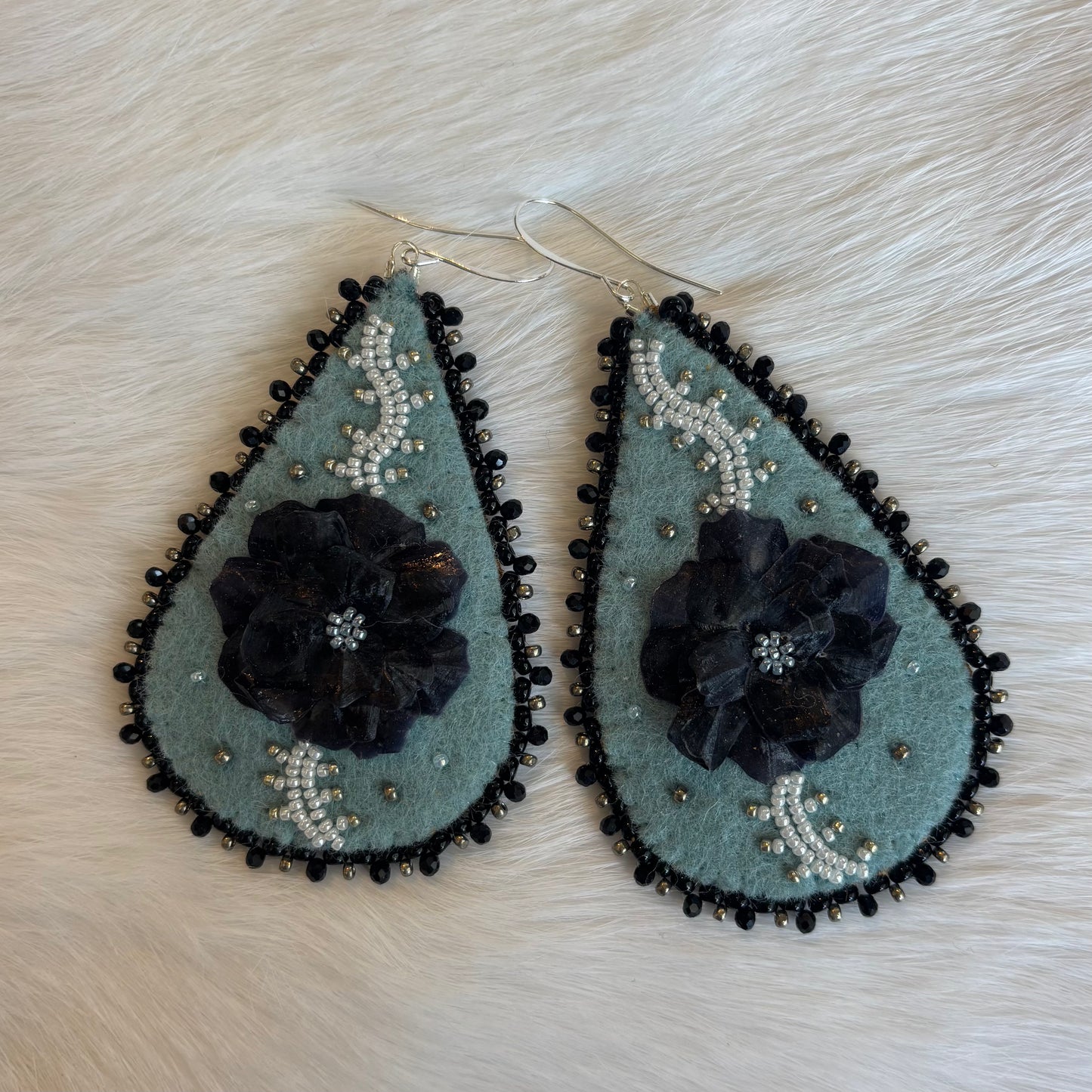 Floral Fish Scale Flat Stitch Teardrop Earrings