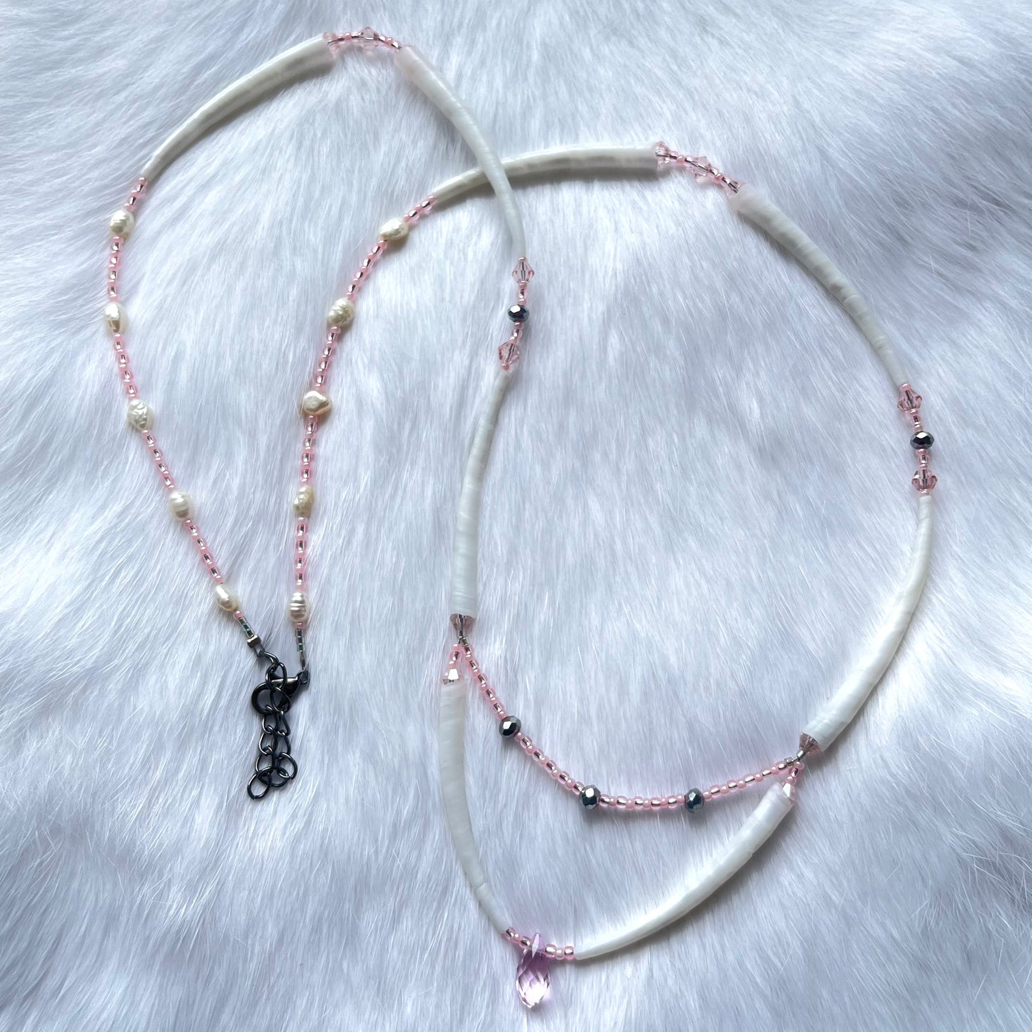 Pink Crystal, Pearl and Dentalium Necklace