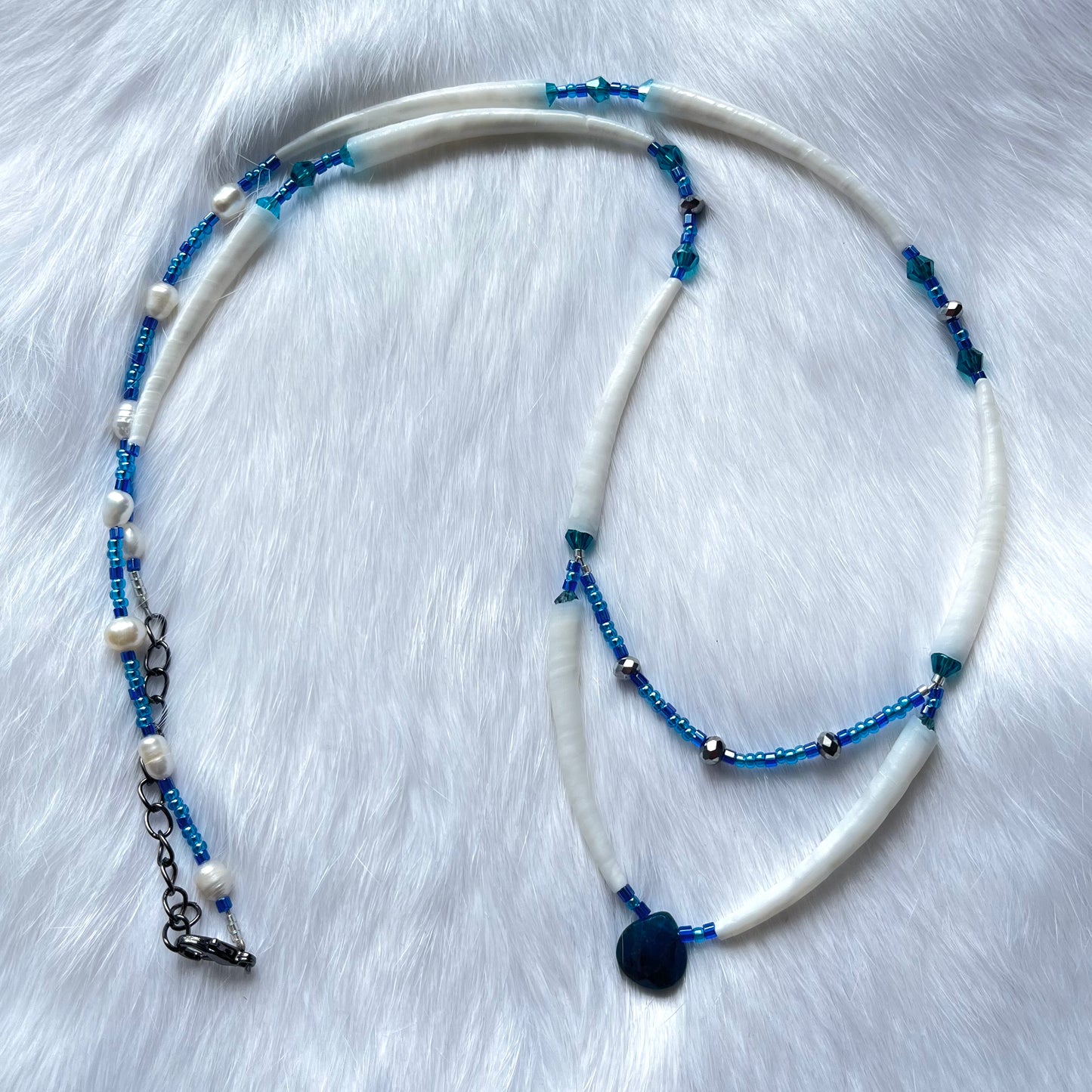 Blue Crystal, Pearl and Dentalium Necklace