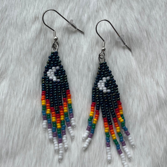 Crescent Moon Beaded Rainbow Fringe Earrings