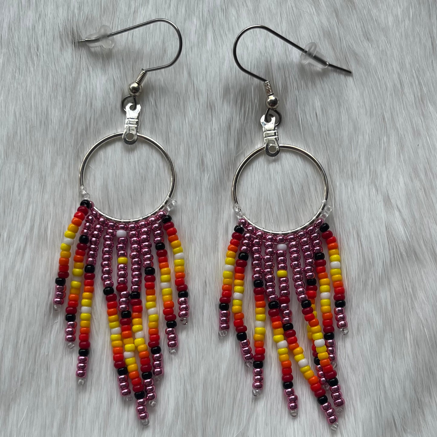 Silver Plated Hoops with Pink and Fire Coloured Fringe (20mm)