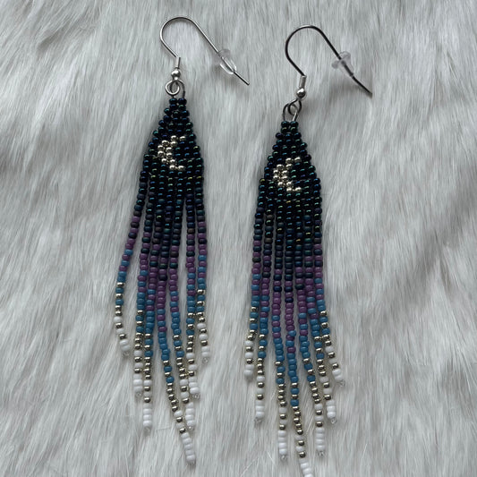 Crescent Moon Beaded Blue and Silver Fringe Earrings