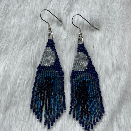 Small dark blue raven and moon fringe earrings