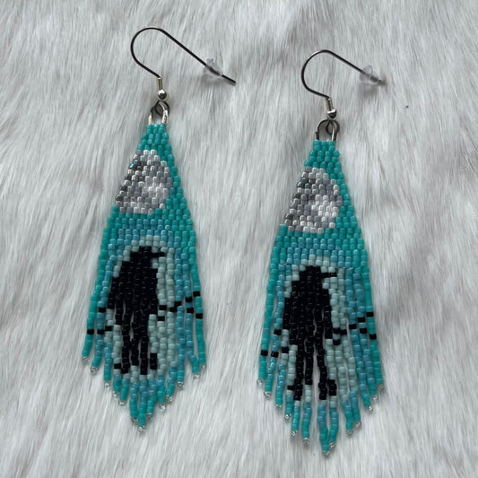 Small Turquoise Raven and Moon Fringe Earrings