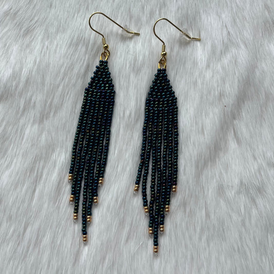 Midnight Iris with Gold Tips Small Beaded Fringe Earrings