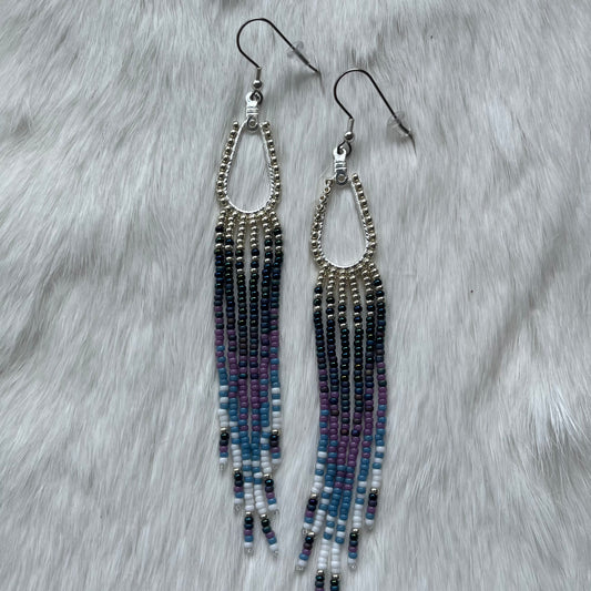 Silver Plated Small Teardrop Hoop Earring with Silver and Blue Fringes
