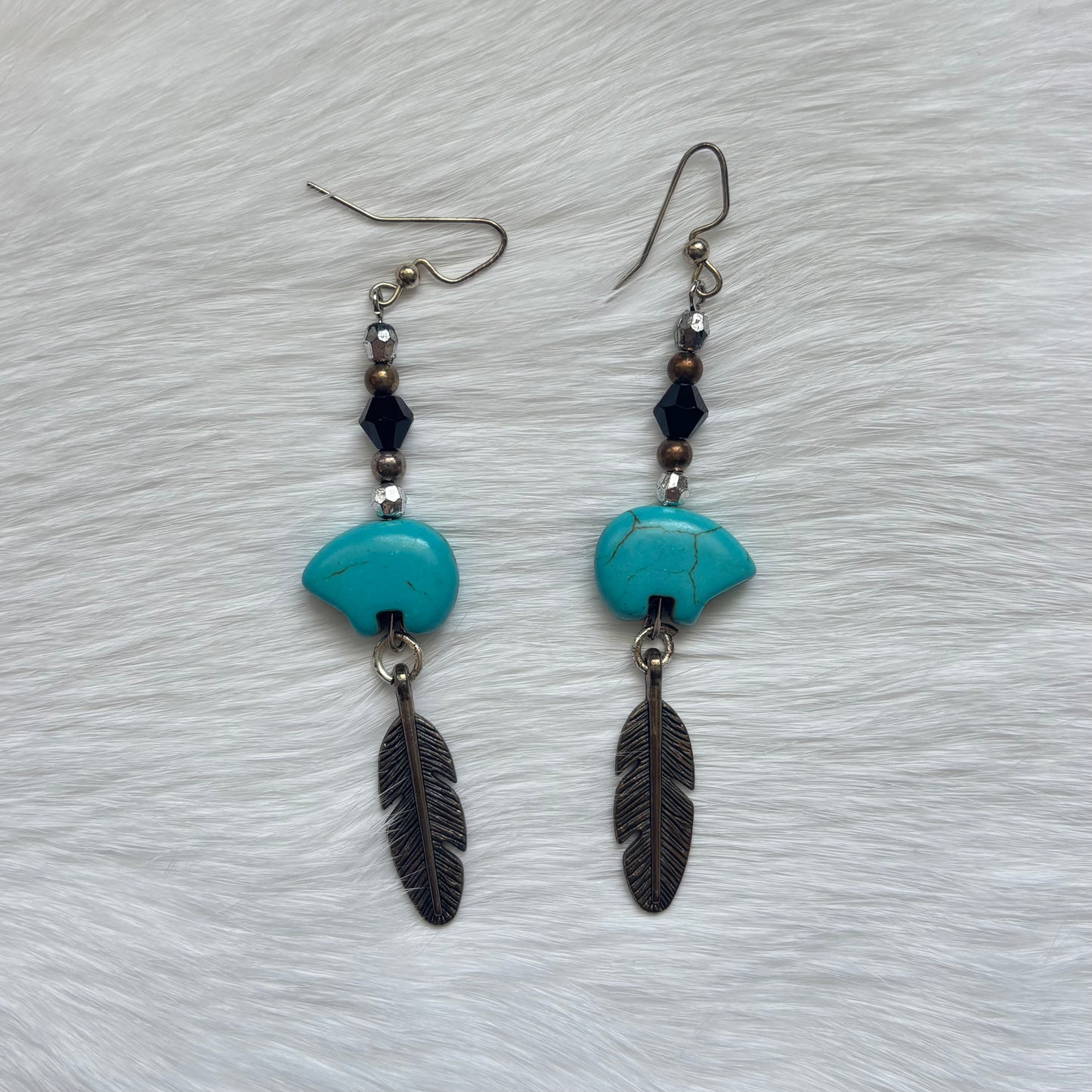 Turquoise Bear with Feather Earrings