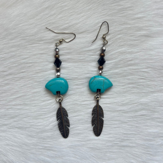 Turquoise Bear with Feather Earrings