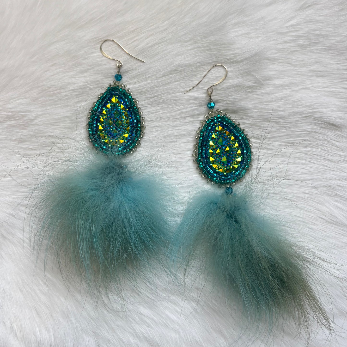 Blue and Sparkle Fox Fur Earrings
