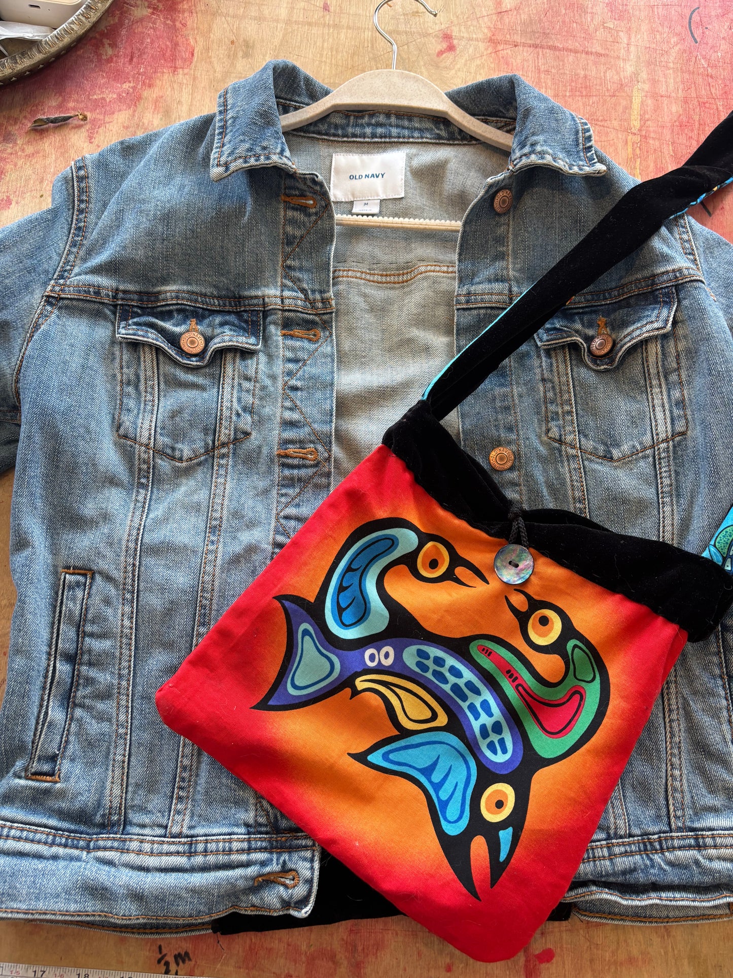 Ojibwe Pattern Jean Jacket and Matching Side Bag