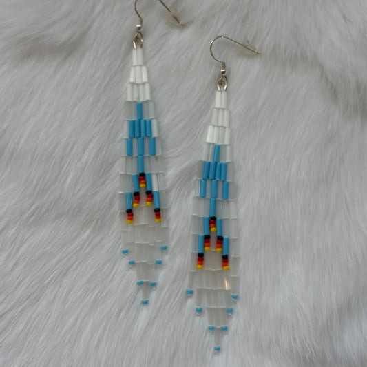 White Thunder Bird Bugle Fringe Earrings
