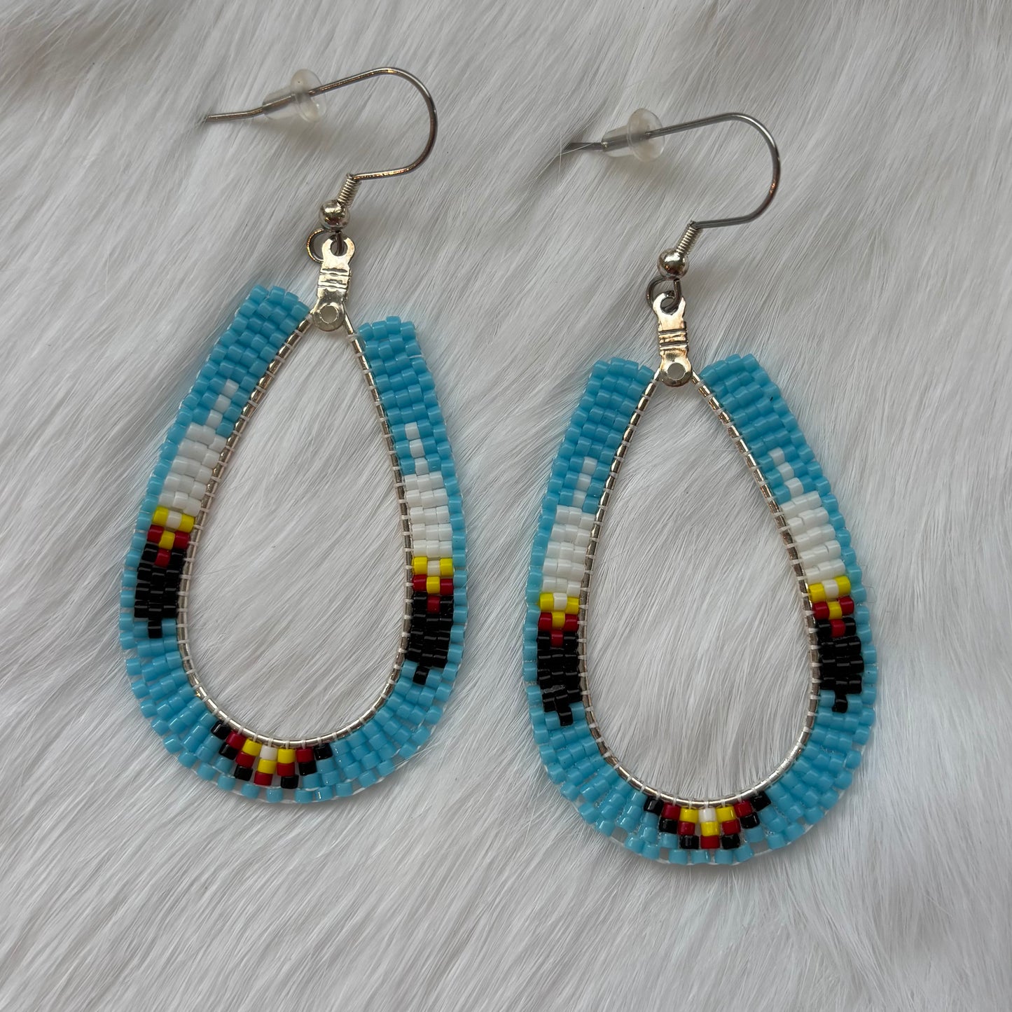 Beaded Tear Drop Hoop Earrings with Blue Feathers