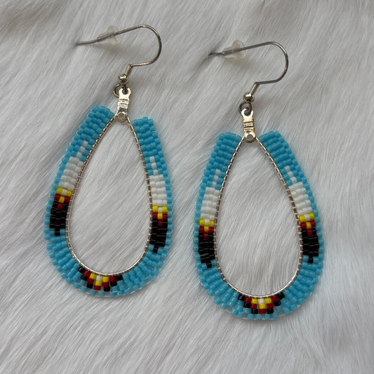 Beaded Tear Drop Hoop Earrings with Blue Feathers