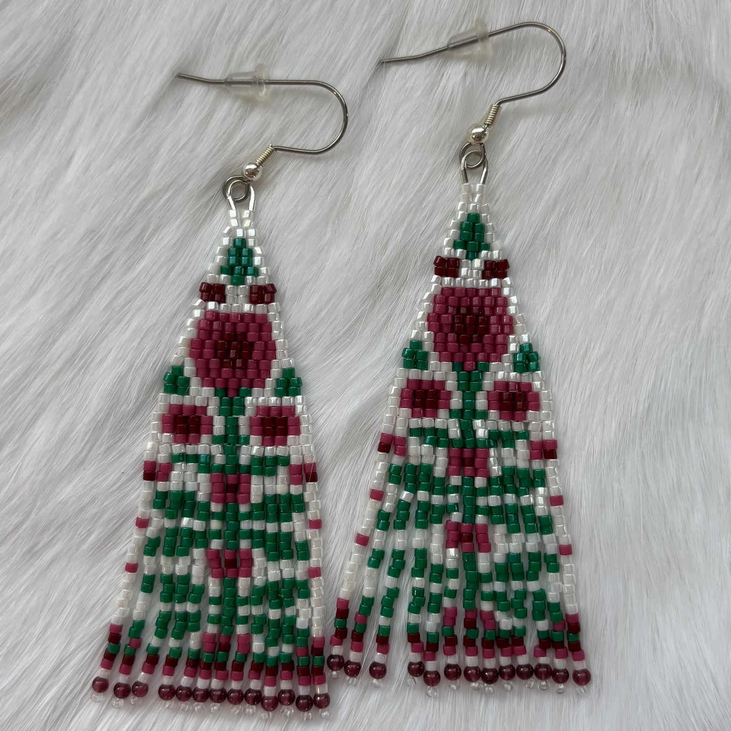 Pink FLower Beaded Earrings with Garnet Tips