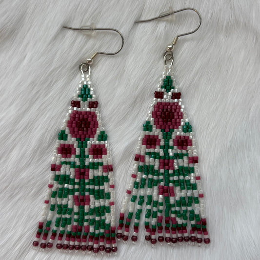 Pink FLower Beaded Earrings with Garnet Tips