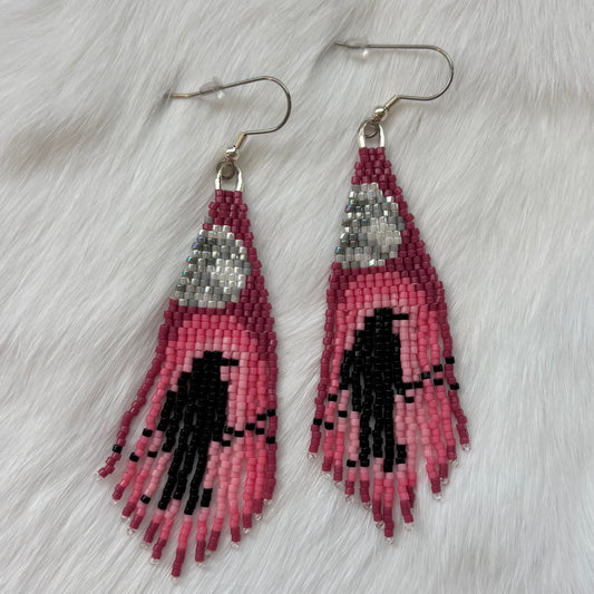 Pink Beaded Fringe Earrings with Raven and Moon