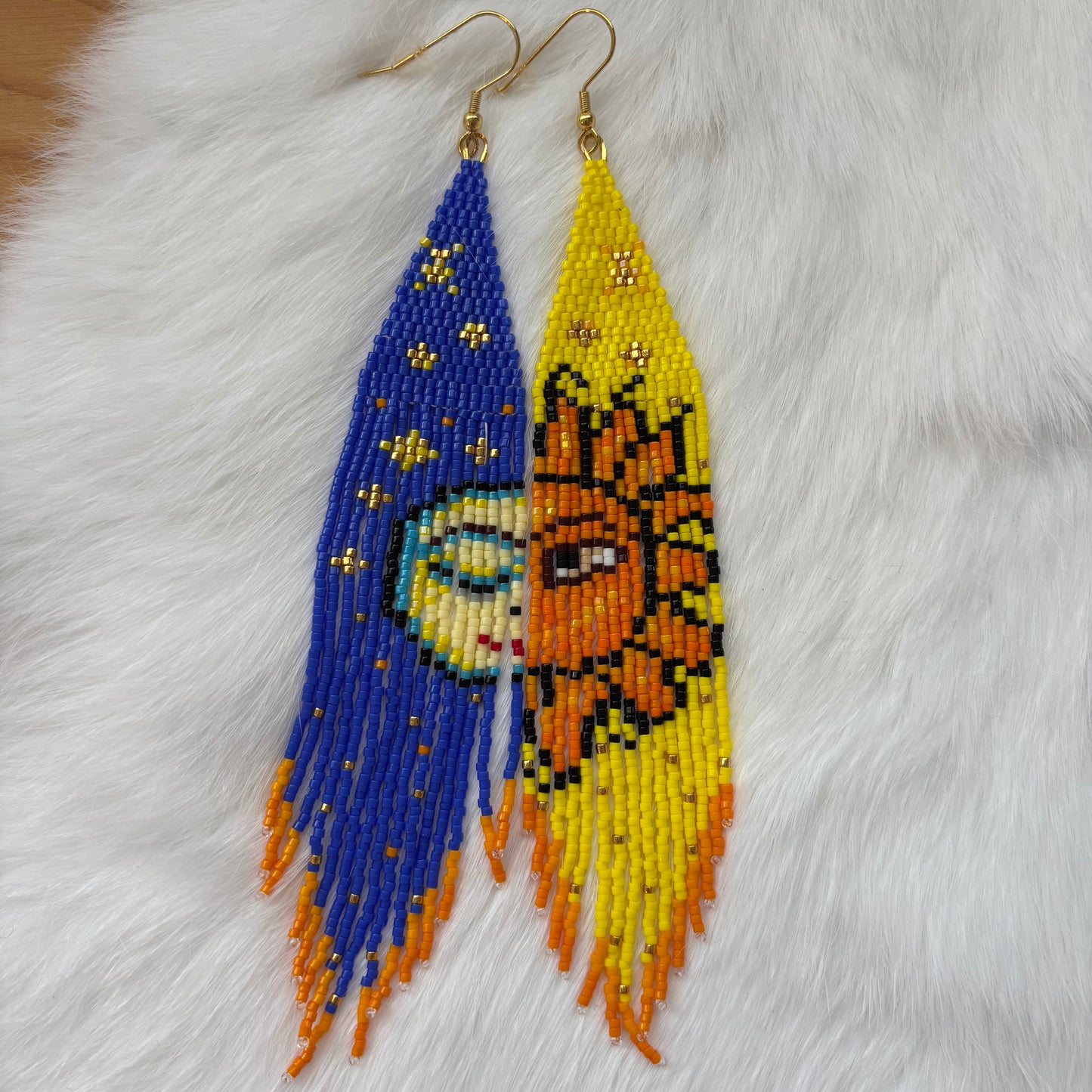 Sun and Moon Long Beaded Fringe Earrings