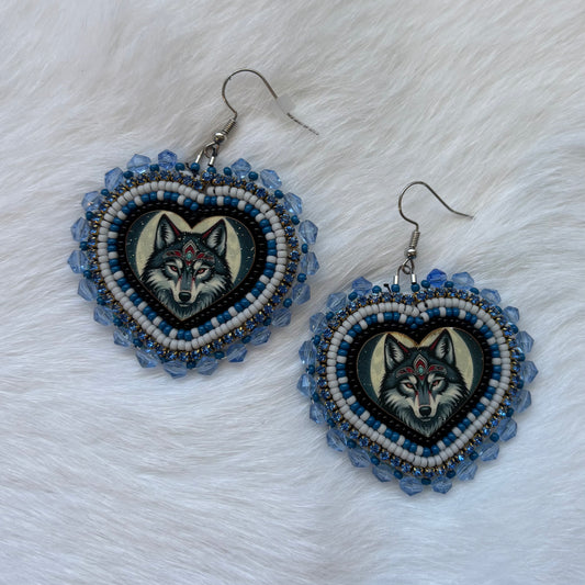 Wolf Heart Flat Stitch Beaded Earrings