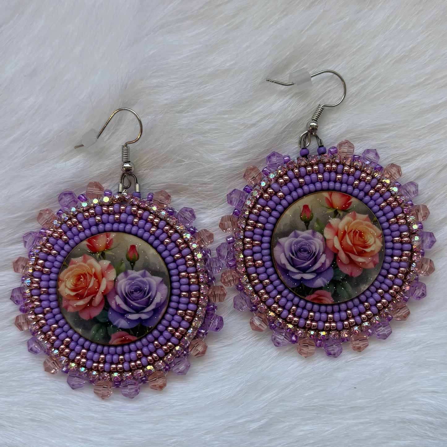 Purple and Pink Rose Flat Stitch Earrings
