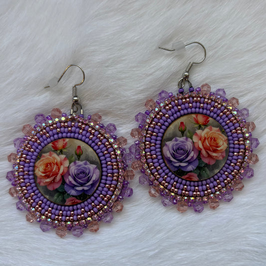 Purple and Pink Rose Flat Stitch Earrings