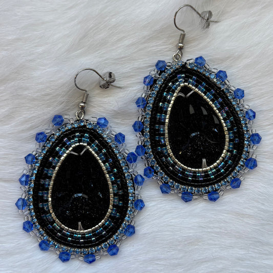 Black Bear Paw Flat Stitch Tear Drop Earrings