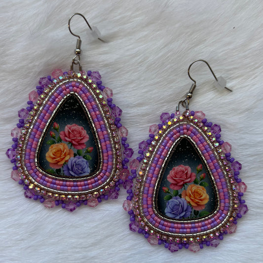 Multicoloured Rose Flat Stitch Earrings