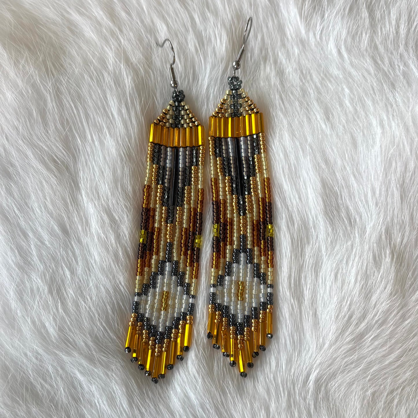 Grey and Yellow Quill Fringe Earrings