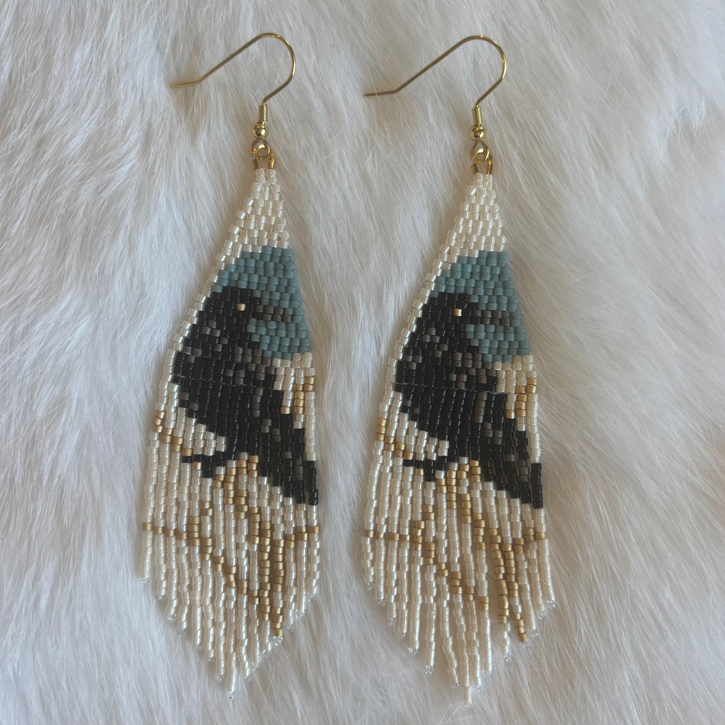 Beaded Raven and Blue Moon Fringe Earrings