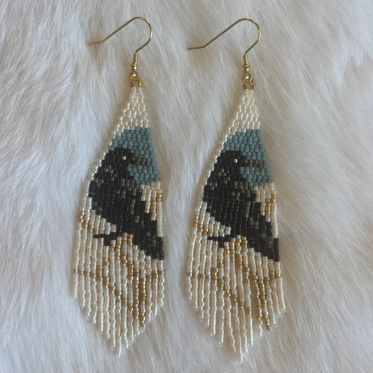 Beaded Raven and Blue Moon Fringe Earrings