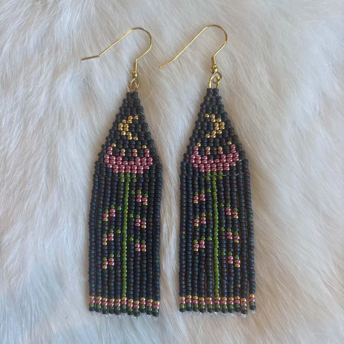 Crescent Moon with Flower and Stem Earrings