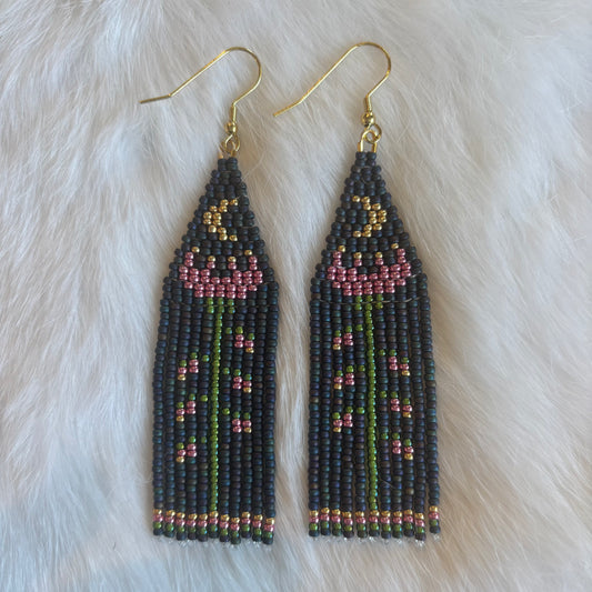 Crescent Moon with Flower and Stem Earrings