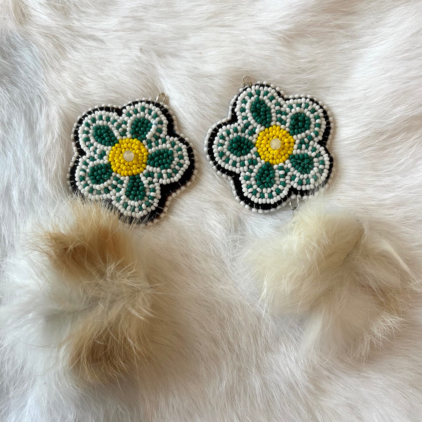 Floral And Rabbit Fur Drop Leather Earrings