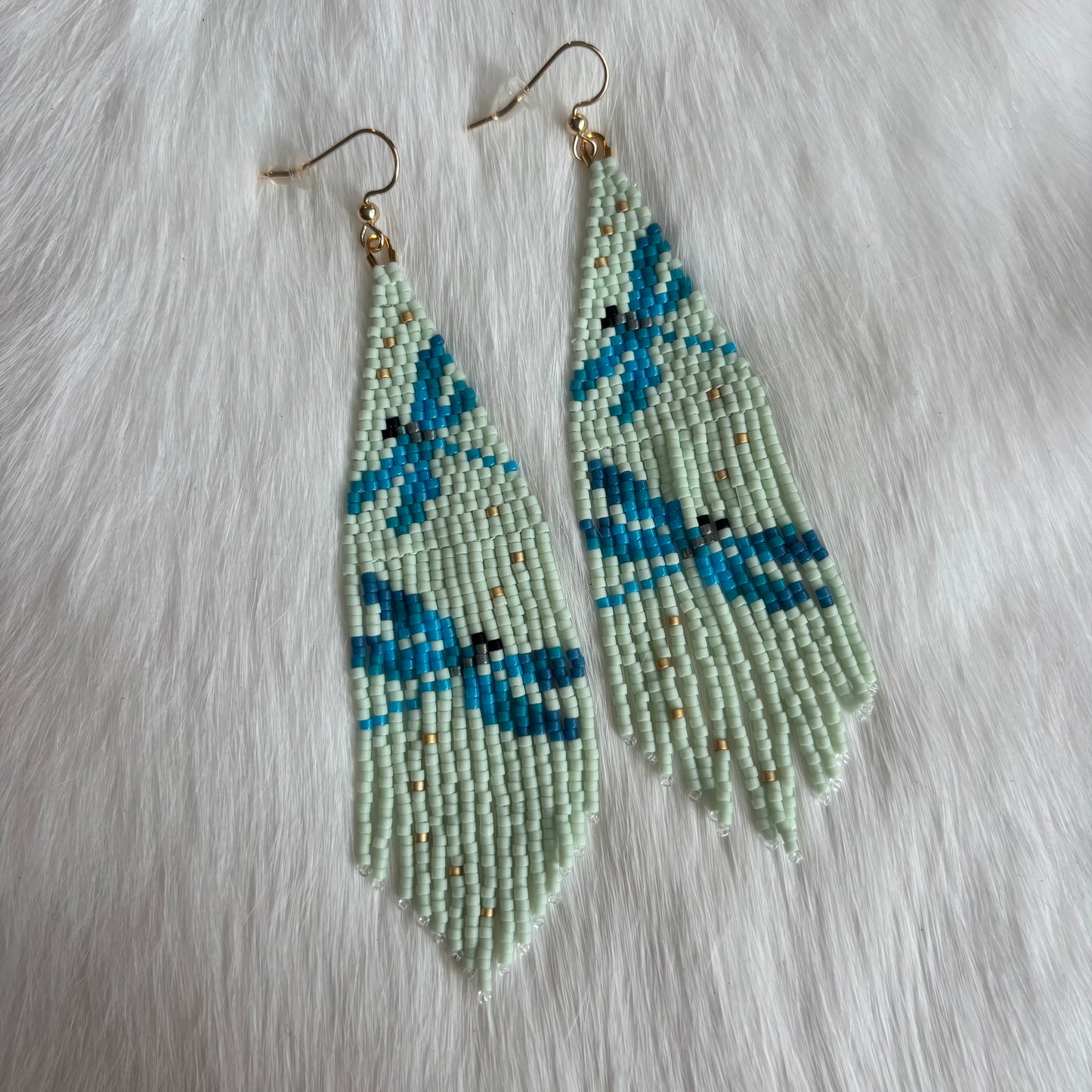 Dragonfly Earrings With Beaded Mint Green Fringe