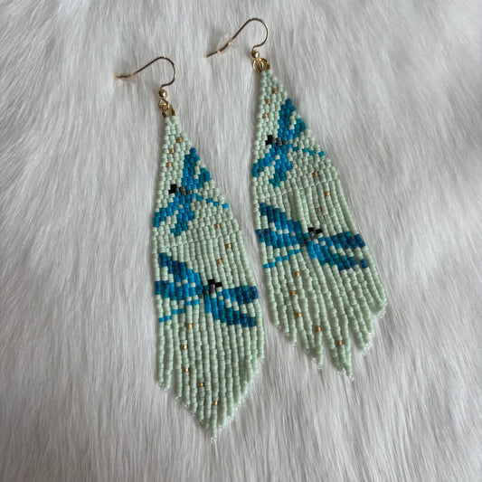 Dragonfly Earrings With Beaded Mint Green Fringe