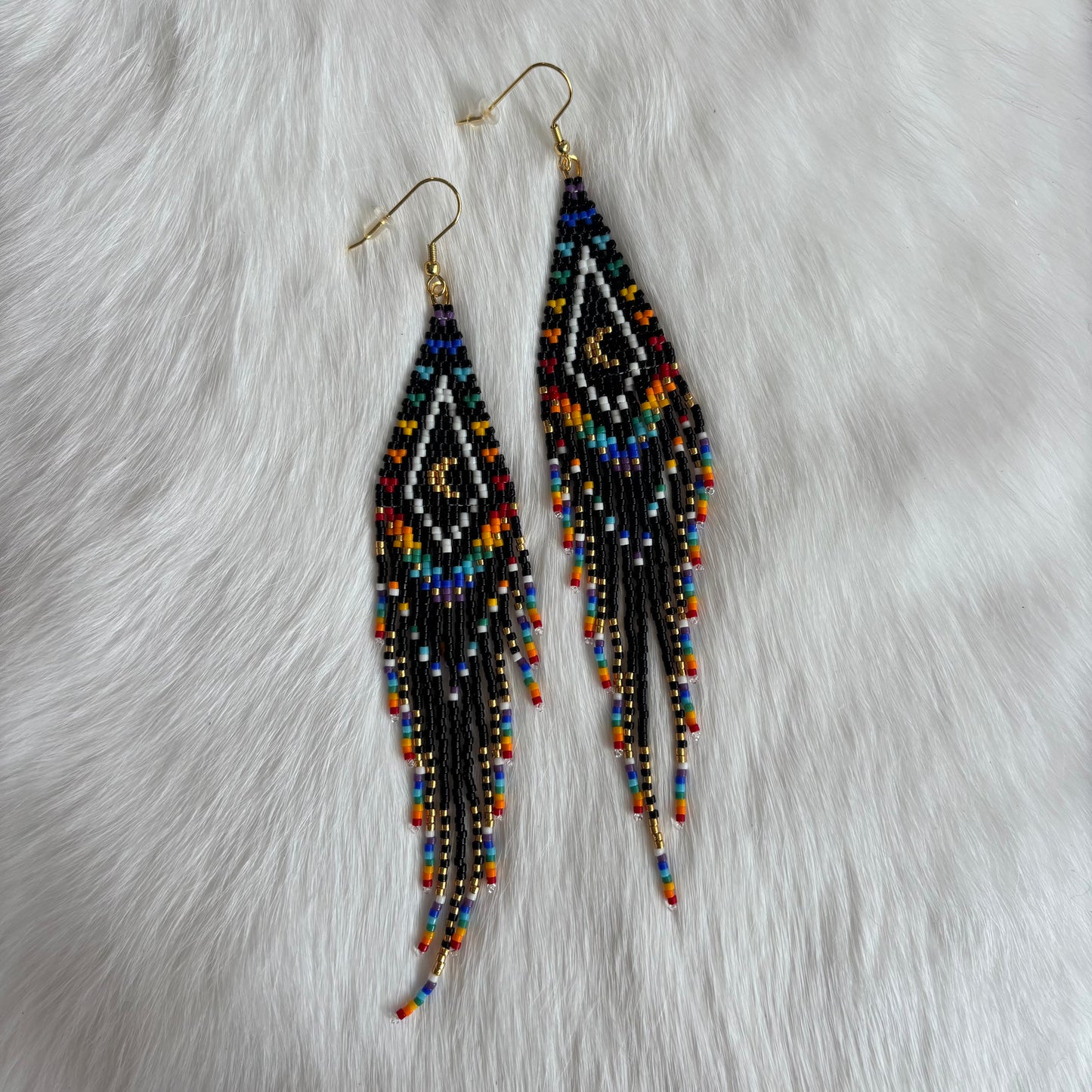 Rainbow Warrior with Golden Crescent Moon Beaded Long Fringe Earrings