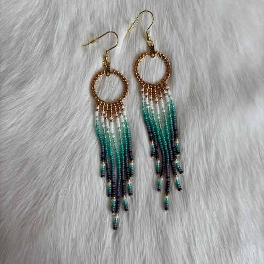 Small Gold Plated Hoops with Beaded Fringe in Shades of Blue