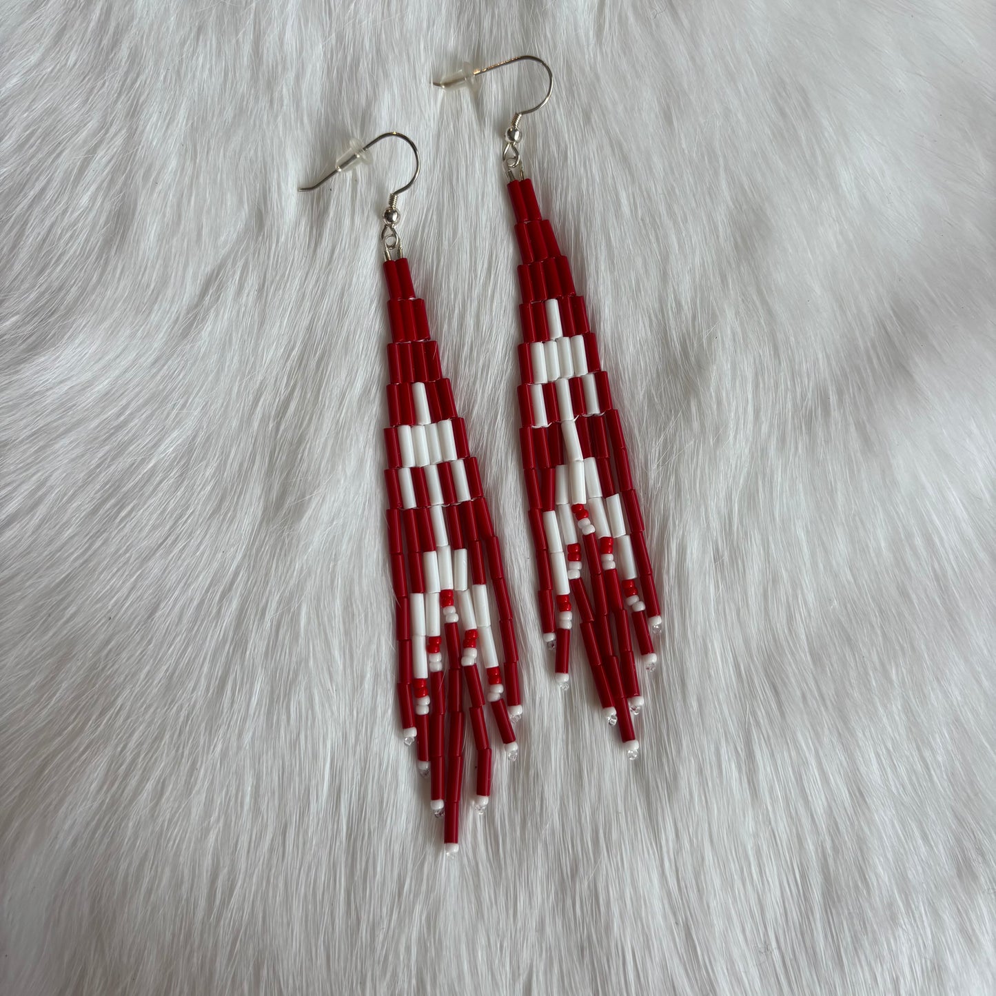 Spirit Bird Beaded Fringe Earrings in Red and White
