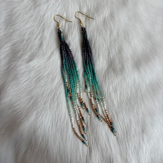 Tubular Peyote Earrings with Long Blue and Gold Fringes