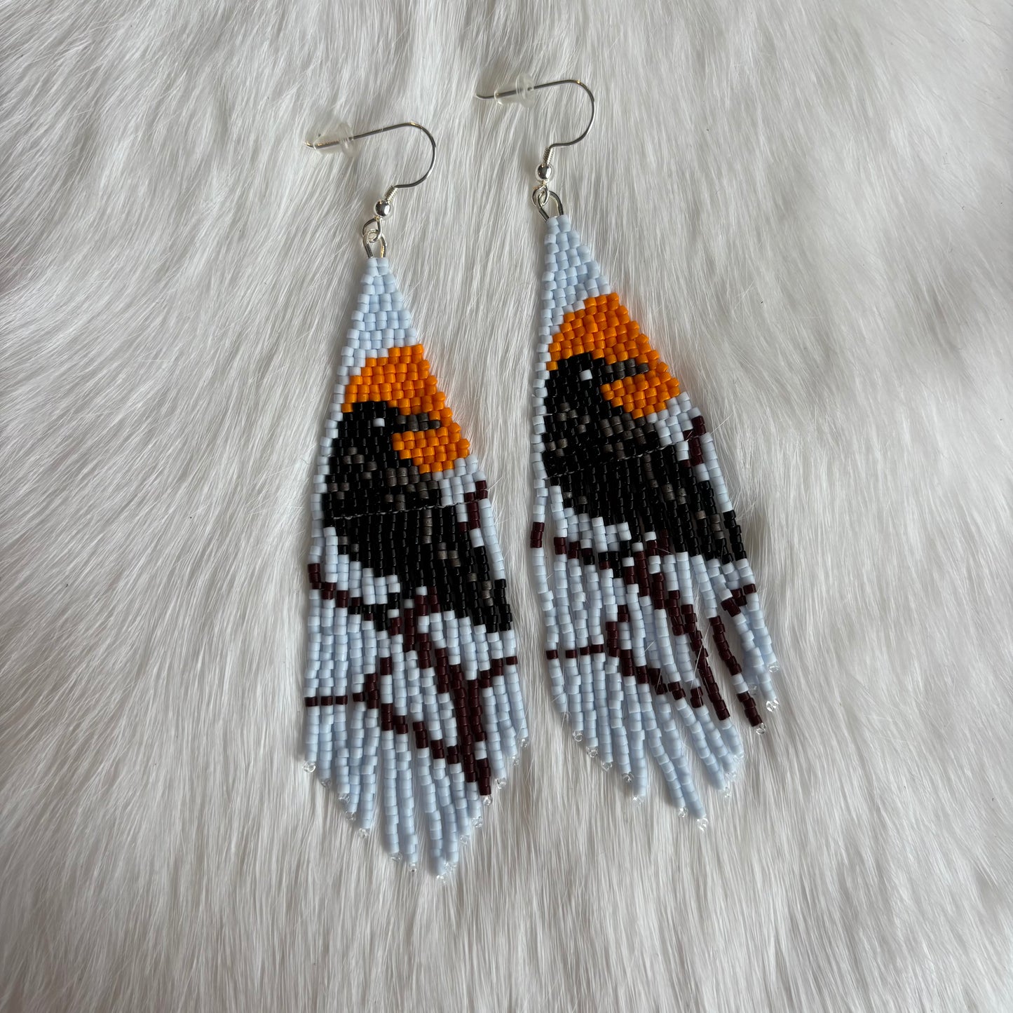 Raven and Orange Moon Beaded Fringe Earrings