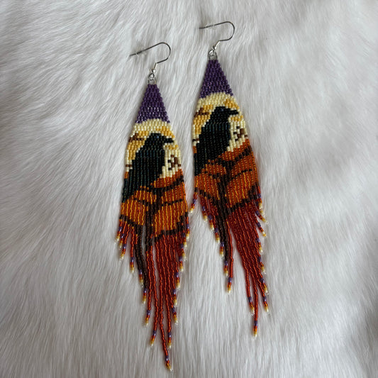 "Nevermore" Raven and Moon Long Purple and Orange Beaded Fringe Earrings