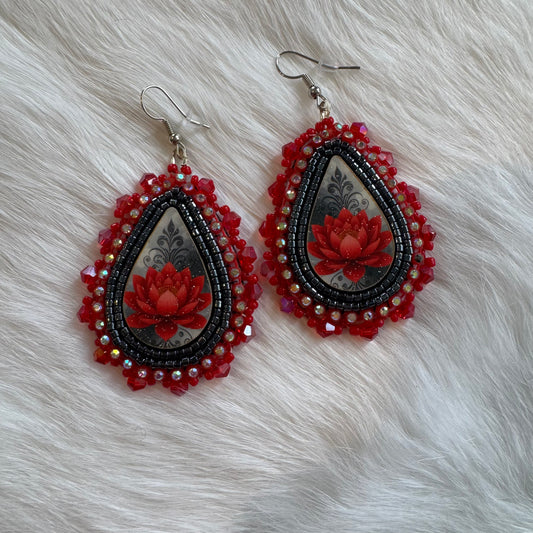 Red Flower Flat Stitch Earrings