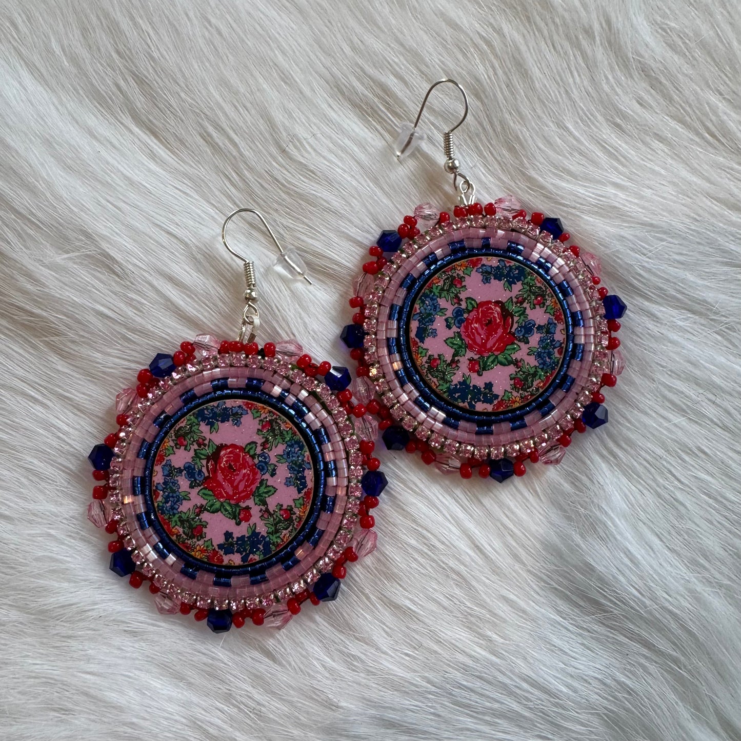 Red and Blue Floral Flat Stitch Earrings