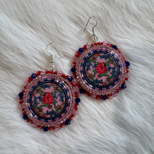 Red and Blue Floral Flat Stitch Earrings