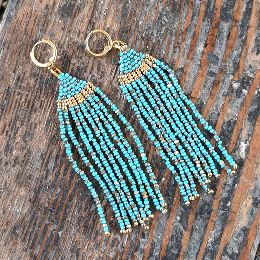 Golden Two-Tone Turquoise Beaded Fringe Earrings